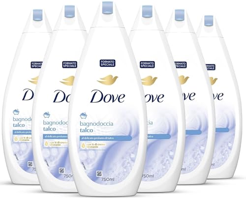 Dove Docciaschiuma Talco, Formula con Idratante Dermo-Naturale, con 1/4 di Crema Idratante, Dermatologicamente Testato, Bagnoschiuma Uomo e Donna, 100% Bottiglia Riciclata* 6 Pezzi x 750 ml