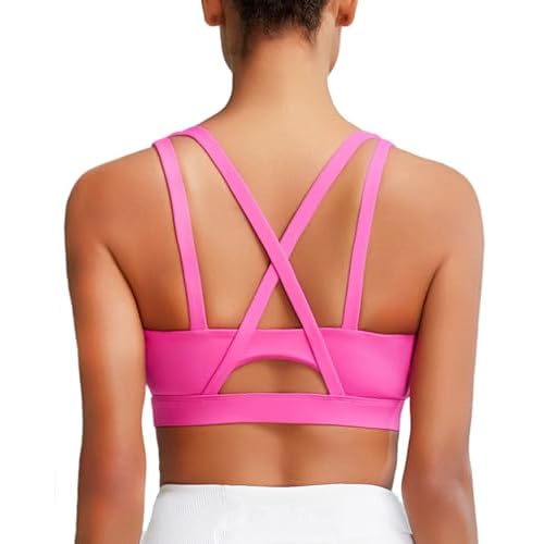 RUNNING GIRL Sports Bras for Women High Support, Molded Cup Strappy High Impact Sports Bras for Women with Sewn in Pads Hot Pink Large