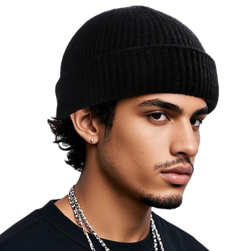Himoswis Thin Short Fisherman Beanies for Men Wool Watch Cap Trawler Beanie Hats for Men Women Black