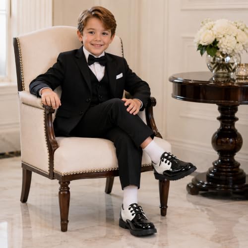 Image of KIDSUN Toddler Dress Shoes Boys Girls Oxford Shoes Kids Wedding Church Dress Shoes PU Leather Lace Up School Uniform Loafer Flats(Toddler /Kids)