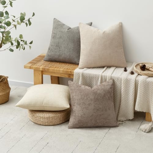 Image of MIULEE Pack of 4 Couch Throw Pillow Covers 16x16 Inch Neutral Beige /Brown Soft Decorative Chenille Pillow Covers Farmhouse Accent Cushion Covers for Boho Spring Home Decor Sofa Bedroom Living Room
