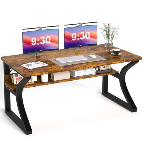 55 inch Computer Desk, Office Desk w/Storage Shelf & Cable Management, Work Table w/Sturdy U-Shaped Metal Frame & Deeper Desktop, Study Writing Desk for Home Office Bedroom (Brown, 55inch)