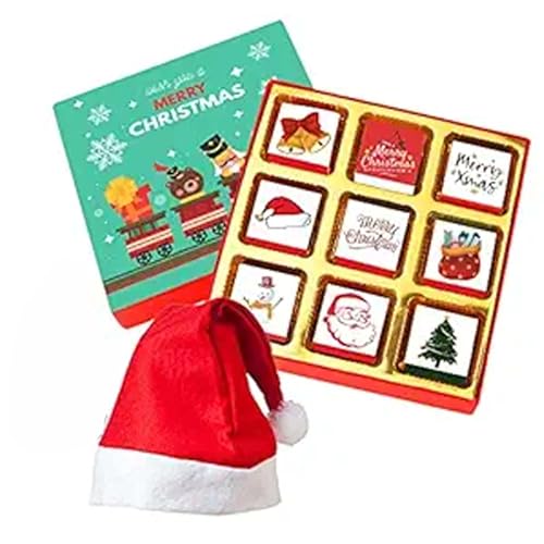 Image of Chocoloony Merry Christmas Chocolate Gift Box Assorted 9 pcs Milk Chocolate Bites with Santa Cap