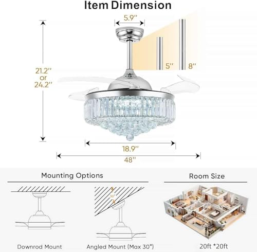 Image of 48'' Crystal Fandelier Ceiling Fan with Light, Chrome
