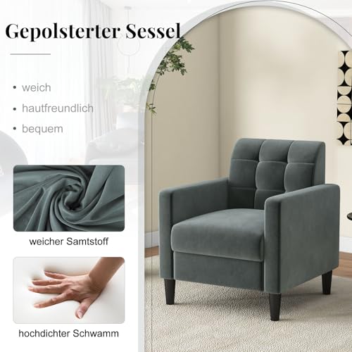 COSTWAY Relaxsessel modern, Fernsehsessel aus Samt im Mid-Century-Stil, gepolsterter Sessel mit getufteter Rückenlehne, Armlehnen & Holzbeine für Wohnzimmer Heimbüro Schlafzimmer (grau) – Bild 5