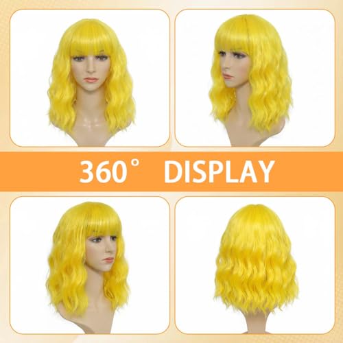 Image of Pastel Yellow Wavy Bob Wig for Women, Short Shoulder Length Synthetic Wig with Bangs, Matte Natural Realistic Look Lightweight Hairpiece, Yellow Color for Daily Wear & Cosplay Costume