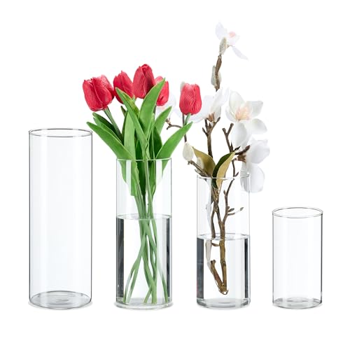 Relaxdays Vasen aus Glas, 4 Blumenvasen in versch. Größen, Glasvasen für Blumen & Kerzen, Tischvasen Set, transparent
