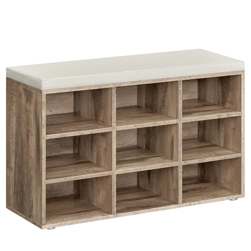 VASAGLE Banc à Chaussures, Organiseur de Chaussures avec 9 Compartiments, Siège Rembourré, pour Entrée, Couloir, Placard, Marron Camel et Beige Cappuccino LHS009K02