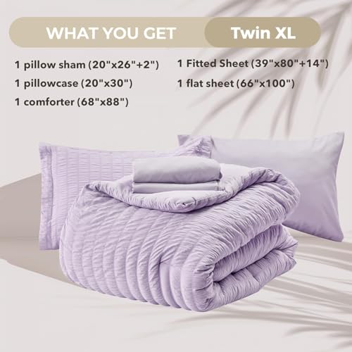 Image of HYMOKEGE Lavender Twin XL Comforter Set Seersucker 5 Pieces, All Season Luxury Bed in a Bag for Bedroom, Bedding Set with Comforter, Sheets, Pillowcase & Sham