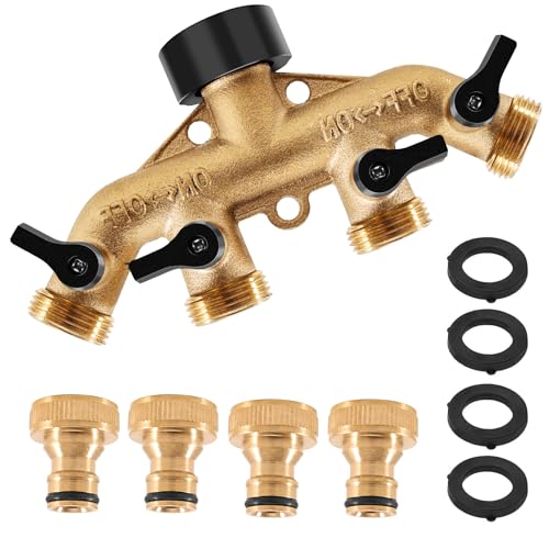 Editbar Wasserverteiler 4fach 3/4 Zoll aus Massivem Messing – Gartenschlauch Verteiler mit 4 Schnellverbinder & Dichtungen, Korrosionsbeständig, Ideal für Gartenbewässerung, Gewächshaus & Außenbereich