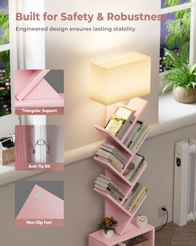 Image of Evermagin 6 Tier Tree Bookshelf with Light, Narrow Bookcase Tower, Tall Floor Standing Book Shelf Organizer with Storage Cabinet for Living Room, Bedroom and Home Office, Pink