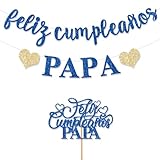 FHGG Pre-strung Feliz Cumpleaños Papa Banner Decorations Blue Glitter Happy Birthday Dad Daddy Cake Topper Spanish Mexican Father's Day Party Blue Glitter for Home Celebrate NO DIY