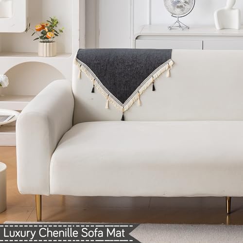Image of HOKIPO 'Serenity Tassel' Chenille Sofa Back Cover with Tassels - 1 Pc Midnight Graphite (IN-894-DGRY)