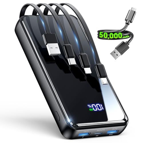 Portable Charger,50000mAh Power Bank Built-in Cable, 22.5W PD USB C In & Out Fast Charging, External Battery Pack with 6 Output & 2 Input, Travel Phone Charger for iPhone 17/16/15/14/13/12(Black)