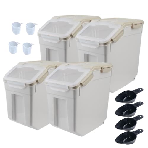 Begino Large Flour Storage Container Bin 25lb, 4Pack Airtight Rice Storage Containers with Wheels Seal Locking Lid, BPA Free with Measuring Cup&Scoop for Flour, Rice, Grain(Gray)