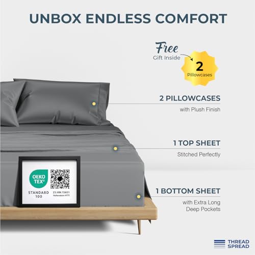 Image of THREAD SPREAD 100% Egyptian Cotton King Size Sheets Set - Luxury 1500 Series Egyptian Cotton Sheets King Size (4 PC, Dark Grey), Silky Soft, Sateen Weave, Cooling & Breathable, 17 inch Deep Pocket Bed Set