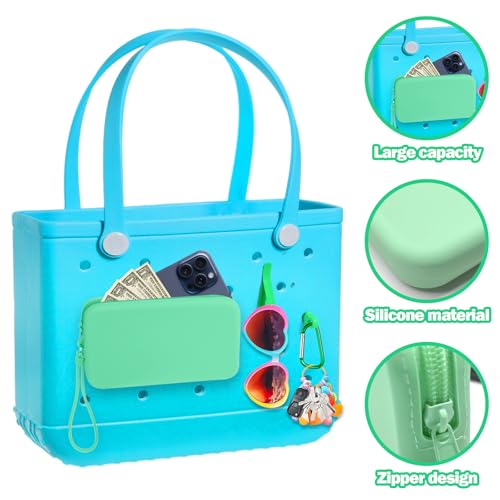Image of Mity rain Silicone Wallet for Bogg Bag Phone Holder | Accessories Set for Bogg Bag Contain 2PCS Key Holder and Large Capacity Silicone Zipper Bag for Beach Bags Tote Bag (Green)