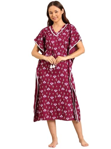 Image of Rupa Jon Aishwarya Women Full Length Printed Kaftan Nighty in Premium Cotton Blend Fabric, Night Dress, Maxi Nighty for Comfortable Everyday Wear