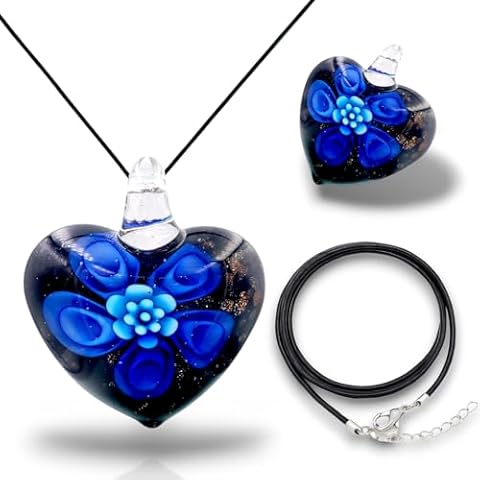 BESHEEK Handmade Murano Inspired Blown Glass Lampwork Art Flower and Heart Necklace Pendant for Women Handcrafted Artisan Hypoallergenic Italian Style Jewelry (Heart Flower Royal and Aqua Blue Glass) Cover