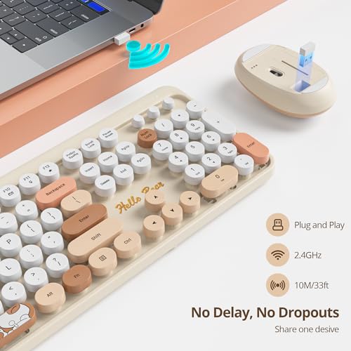 Image of GTSP Creamy Wireless Keyboard and Mouse, Typewriter Office Full-Sized Colorful 2.4G Cute Aesthetic Keyboard for Computer, Laptop, PC Desktops(Brown)