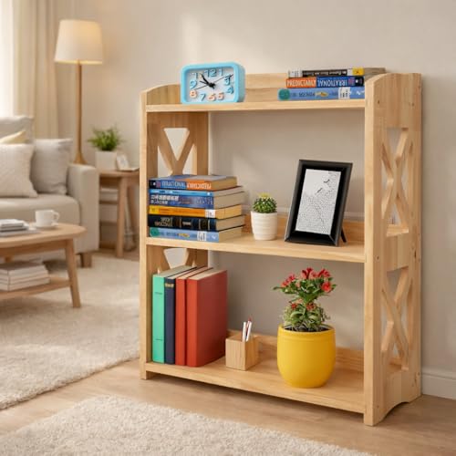 Image of Wooden 3 Tier Bookshelf, Small Wood Bookcase Storage Shelf, Open Shelf Organizer for Bedroom, Living Room and Office (Natural, 3 Tier)