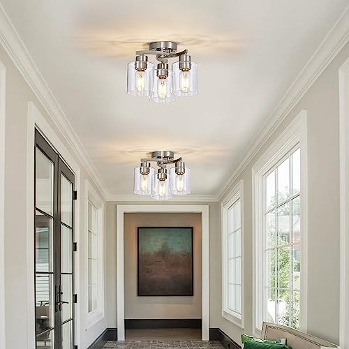 Image of 3-Light Ceiling Light, Semi Flush Mount Ceiling Light Fixture, Kitchen Lighting Fixtures Ceiling, Brushed Nickel Finish with Clear Glass Shade for Foyer Hallway Entryway