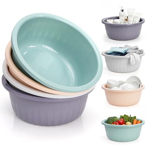 Goaste 4 Pack Round Plastic Wash Basin, 5 Quart Stackable Washing Basin, Portable Vegetable Fruit Dish Tub, Laundry Washtub Space Saving, Colorful Camping Dishpan for Hand Face Cleansing, Home Kitchen