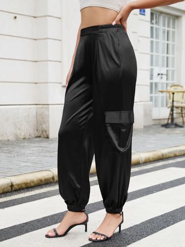 ZAFUL Womens Satin Joggers 2025 Boho Chic Cargo Jogger Pants High Waisted Stretch Silk Ankle Pants Slack Trousers