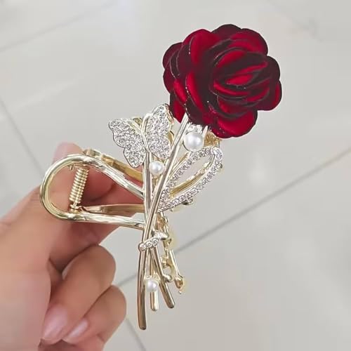 Image of Diversa Rhinestone Golden Claw Clip, Embellished Korean Clutcher, Non- Slip Metal Claw Clip for Girls, Fancy Clutcher for Women, Pack of 1 (Golden Rose)