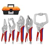 TOOLUTION 5-tlg. Gripzangen-Set – Profi-Feststellzangen aus Cr-V Stahl – Inkl. C-Klemme, Langbeck, Rundmaul, Breitmaul & U-Form Schweißzange – Vernickelt