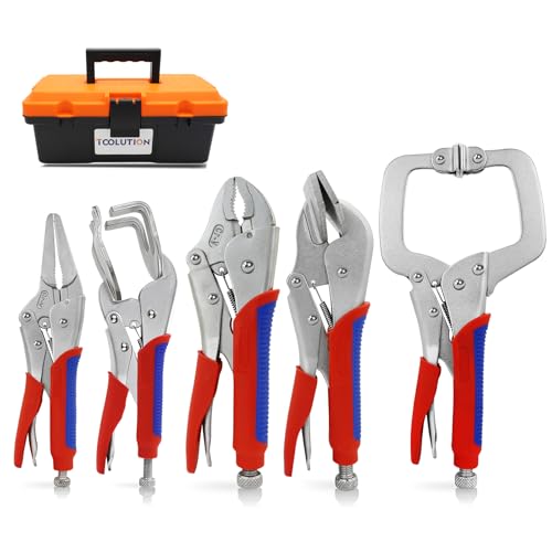 TOOLUTION Locking Pliers Set 5-Pack, Professional Welding Clamp Set Includes C-Clamp, Curved, Duckbill, Needle Nose & U-Shape Vise Grips for Metalworking, Woodworking, Automotive & DIY Workshop