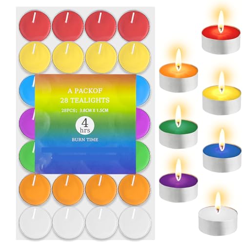 28Pcs TeaLight Candles Coloured Tea Lights, Clean-Burning Smokeless Multi Colour Candles Tea Light Great for Decor Wedding Birthday Rituals Ceremonies Festival Party Christmas Halloween