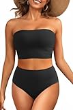 Tempt Me Women Black Bandeau Bikini Set Strapless High Waisted Two Piece Swimsuit Longline Bathing Suits M