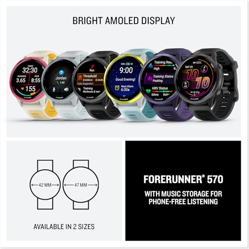Garmin® Forerunner® 570 Montre Intelligente GPS avancée de Course et de Triathlon, écran AMOLED, Fonctions d'entraînement et de récupération, Aluminium Gris Ardoise avec Bracelet Noir translucide