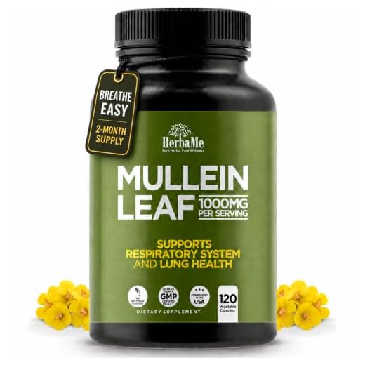 HerbaMe Mullein Leaf 1000mg, 120 Capsules, Detox Lung Cleanse, Supports Respiratory Function Health and Mucous Membranes, Lung Care, Promotes Ear Health, Mucus Relief Herbal Supplement