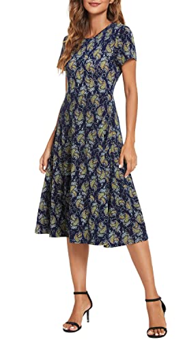 Clasico Estampado Floral Cintura Alta Midi Vestido de Mujer Elegante Manga Corta Largo Vestido (L, 17)