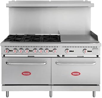 Kratos Commercial Gas Range, Oven & Griddle - 6 Burners, 2 Full Size Ovens and Griddle Plate 24" W, Liquid Propane Powered, 280,000 Total BTU Output, 60" W 29Y-046-LP