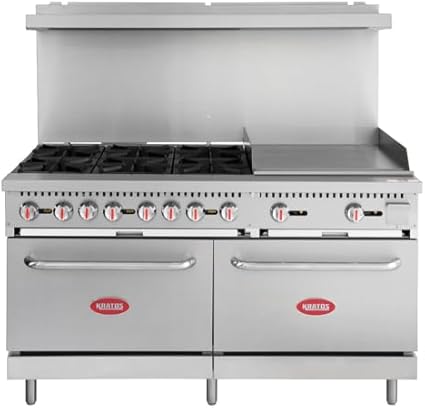 Kratos Commercial Gas Range, Oven & Griddle - 6 Burners, 2 Full Size Ovens and Griddle Plate (24" W), Liquid Propane Powered, 280,000 Total BTU Output, 60" W (29Y-046-LP)
