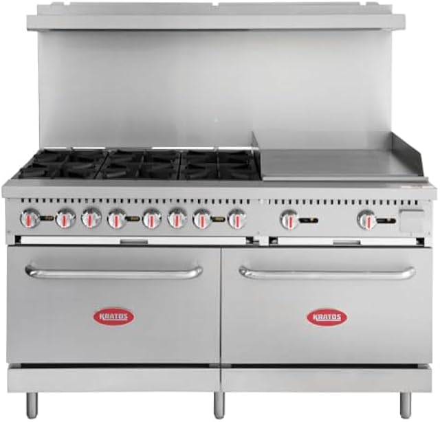 Kratos Commercial Gas Range, Oven & Griddle - 6 Burners, 2 Full Size Ovens and Griddle Plate (24" W), Liquid Propane Powered, 280,000 Total BTU Output, 60" W (29Y-046-LP)