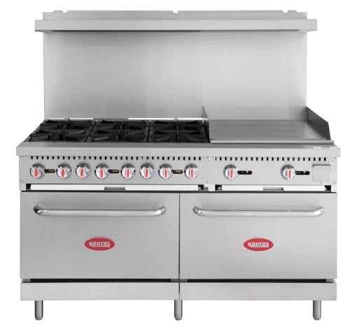 Kratos Commercial Gas Range, Oven & Griddle - 6 Burners, 2 Full Size Ovens and Griddle Plate (24" W), Liquid Propane Powered, 280,000 Total BTU Output, 60" W (29Y-046-LP)