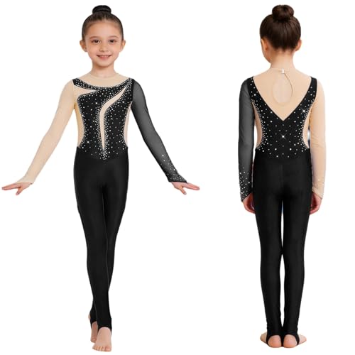 Combinaison gymnastique fille anti-glisse unitard de danse manches longues confortable à strass
