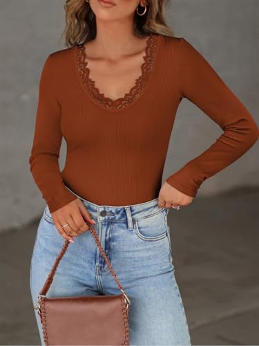 Long Sleeve Shirts for Women Lace V Neck Ribbed Fitted T-Shirt Dressy Business Casual Blouses 2025 Trendy Fall Tops2