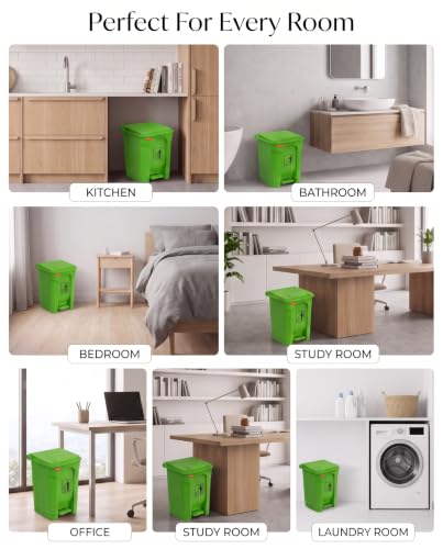 Image of pedal dustbin with lid, heavy duty plastic garbage bin, hands-free step-on waste bin for kitchen, office, home, hotel, bathroom & outdoor use (Citrus Green, 35 Liters)