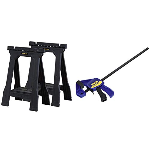 STANLEY Folding Junior Work Bench Saw Horse Twin Pack, with Tray for Tools and Small Parts, STST1-70355 with Irwin Q/G54122QC Quick-Grip Mini Clamp, 300mm, Pack of 2