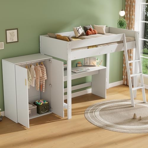 90 x 200 cm cama alta multifuncional con escalera con escritorio, con armario, combinable, sin colchón, madera maciza, color blanco