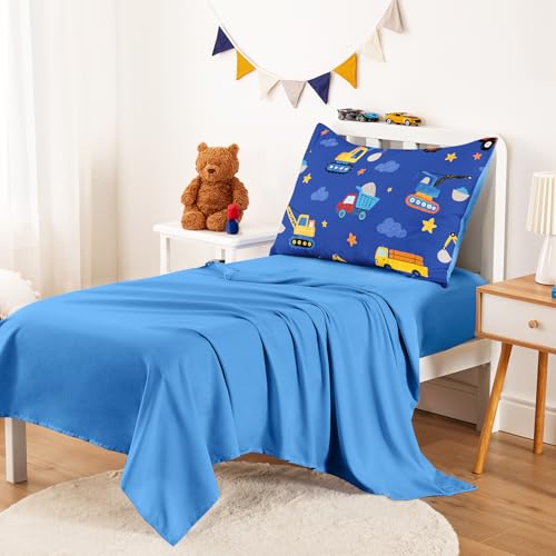 Image of Wake In Cloud - Toddler Bedding Set for Boys, Construction Car Excavator Truck, 4 Pieces Soft Crib Bed Set Including Comforter, Sheets and Pillowcase, Blue