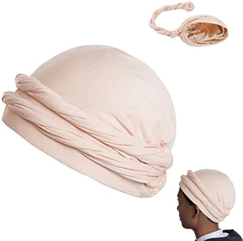 hoyuwak Halo Turban for Men Satin Lined Head Wraps with Long Twisted Straps Stretch Durags Beanie Hats Scarf for Male Boys (Beige)