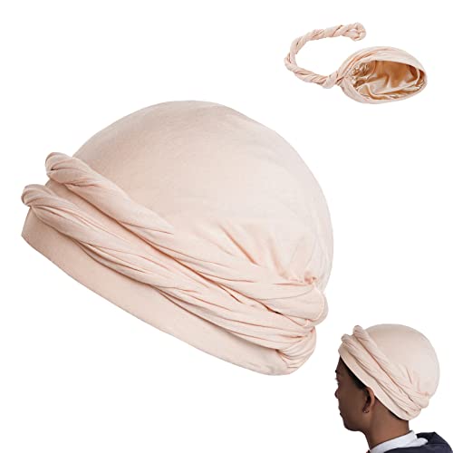 Hoyuwak Halo Turban For Men Satin Lined Head Wraps With Long Twisted Straps Stretch Durags Beanie Hats Scarf For Male Boys (Beige) #TOP1
