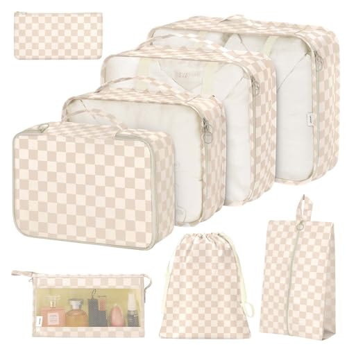 Image of Packing Cubes for Travel, Packing Cubes with Shoe, Cosmetics, Clothing,and Accessories Bags, Travel Cubes for Packing Suitcase Organizer for Women Men, Khaki Grid-A, Large