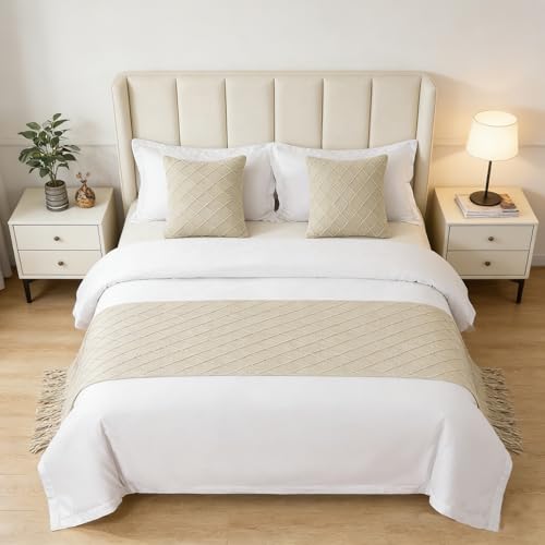 Ctslbreploo Knit Bed Runners King Size Beige Woven Bed Runner Scarves with Tassel Boho Home Decorative for Bedroom Hotel (102 x 24 Inch 1 Piece)